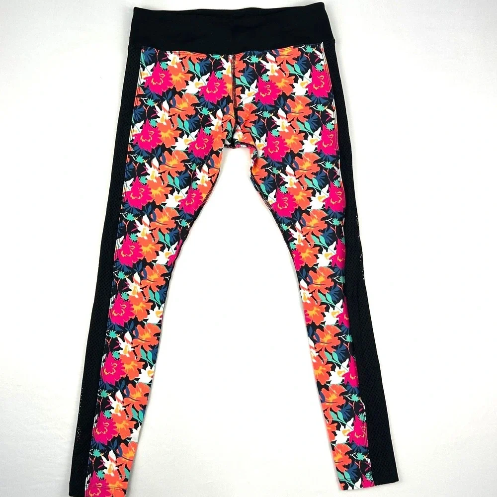 Lorna Jane LJ Black Tropical Floral Mesh Panel Activewear Leggings Small‎ 136745